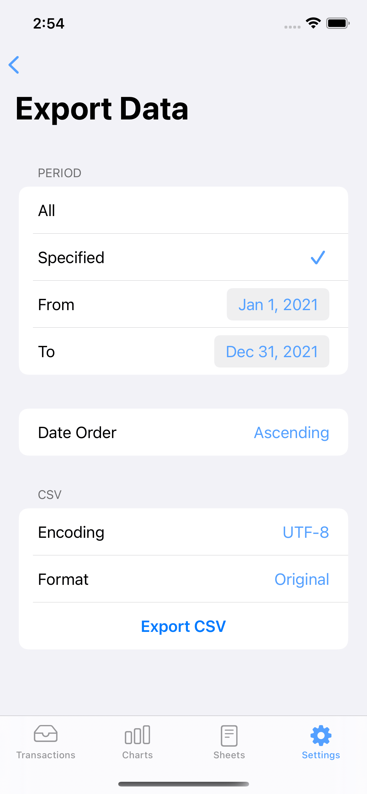 CSV export screenshot