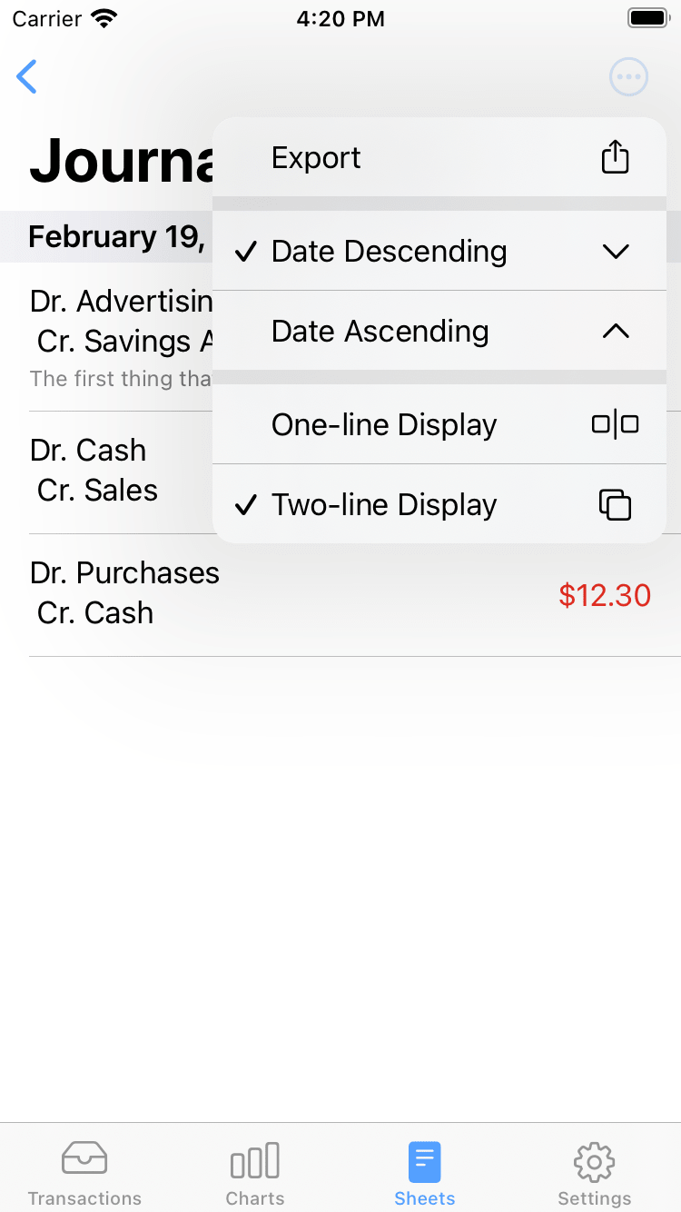 Journal entries screenshot
