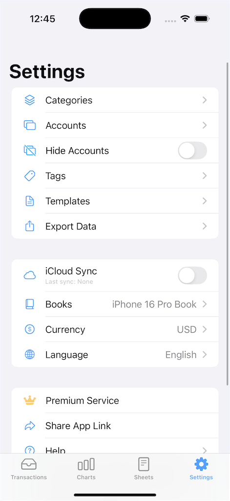 Settings screen on iPhone