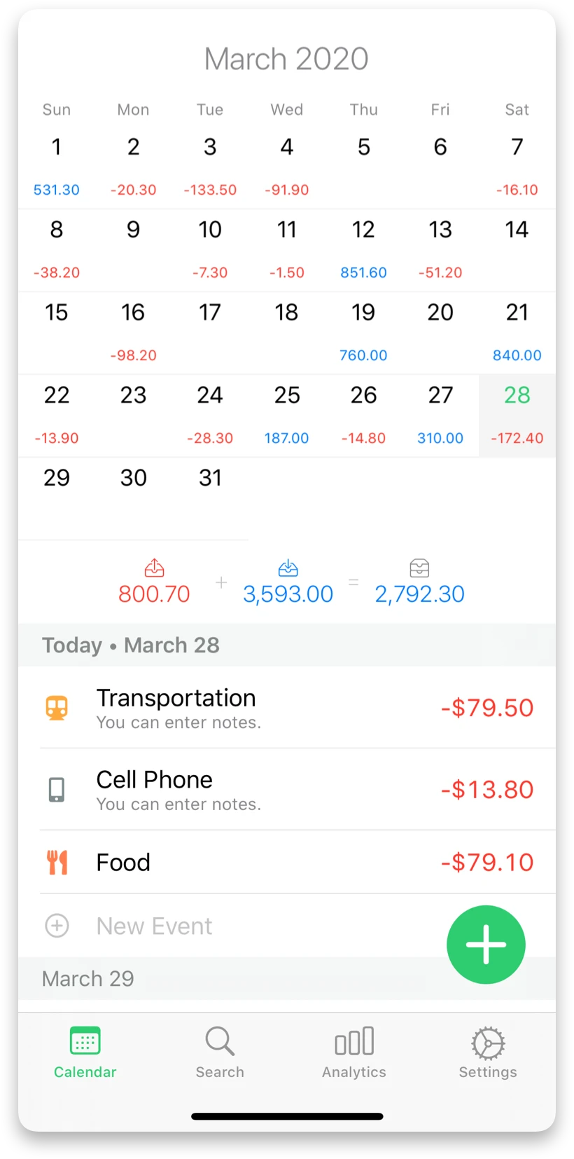 See income and expenses on the calendar.